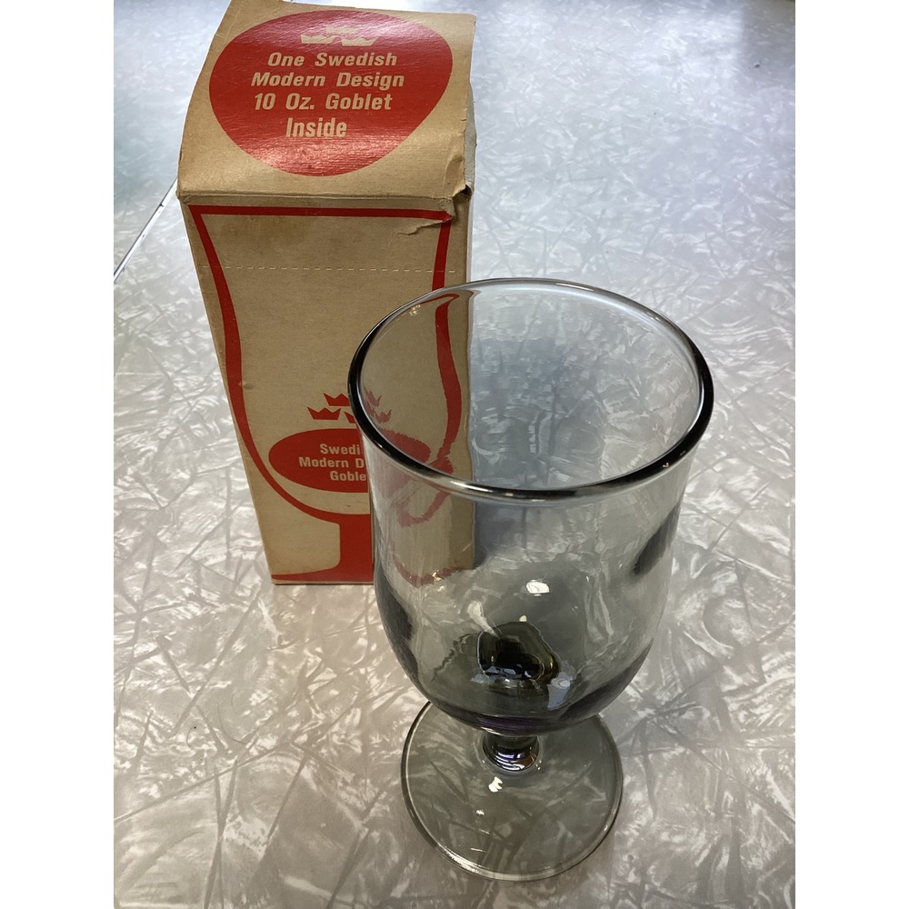 Vintage Swedish Modern Design 10 oz Smoky Gray Glass Goblet DUZ Detergent Box